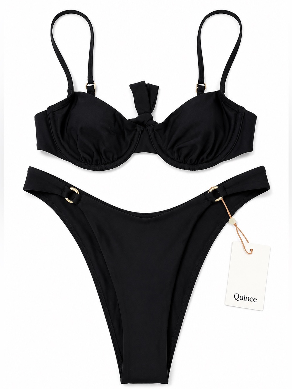 Quince NWT Bikini Set Italian Demi Top High-Leg Ring Bikini Bottom Black Small